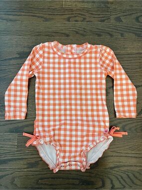 Ruffle Butts Orange and White Gingham Long-Sleeve Swim One-Piece